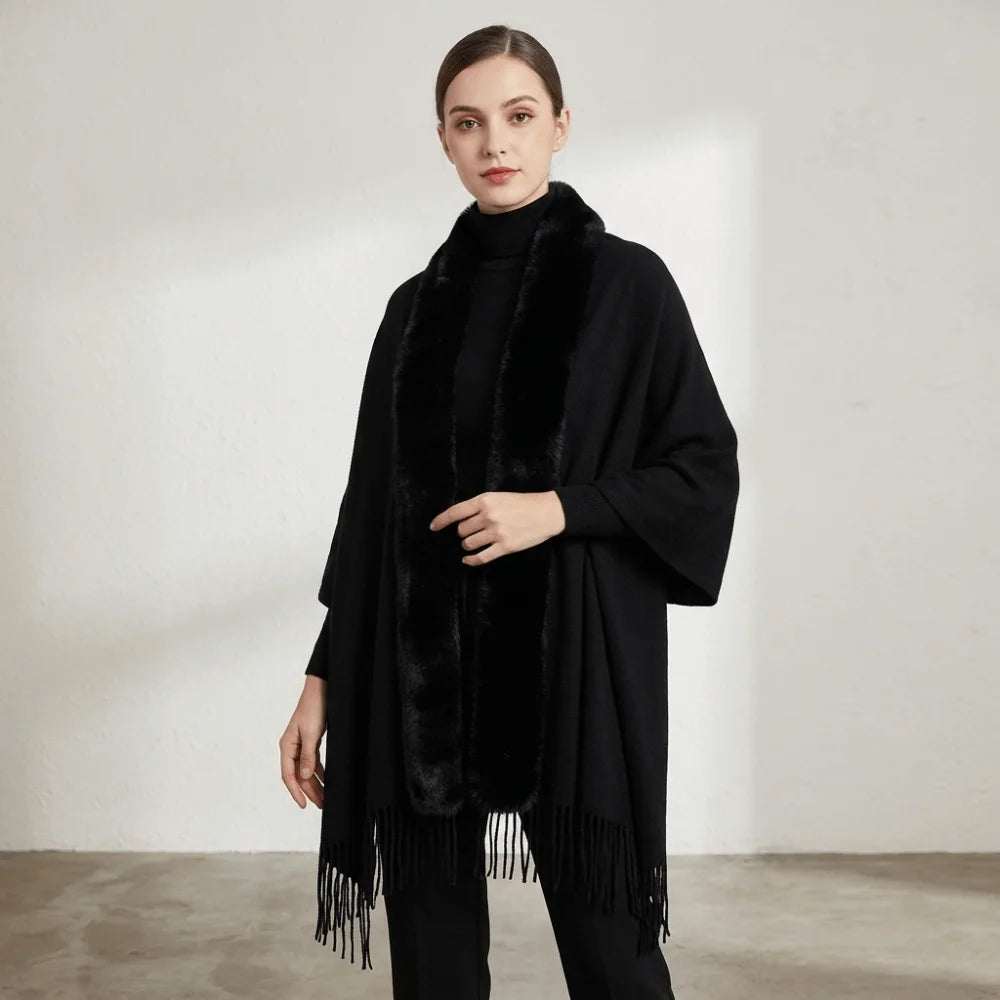 Women's Oversized Faux Fur Collar Shawl Wrap Cape Poncho Faux Fur Shawl Wrap PLUSH