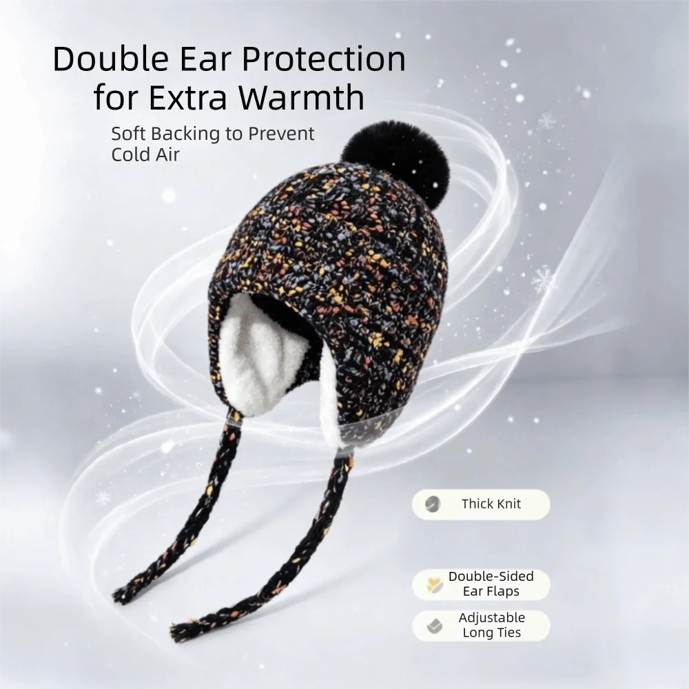 Vintage Knitted Beanie Hat | Windproof Ear Flap Women's Cap Knitted Beanie Hat PLUSH
