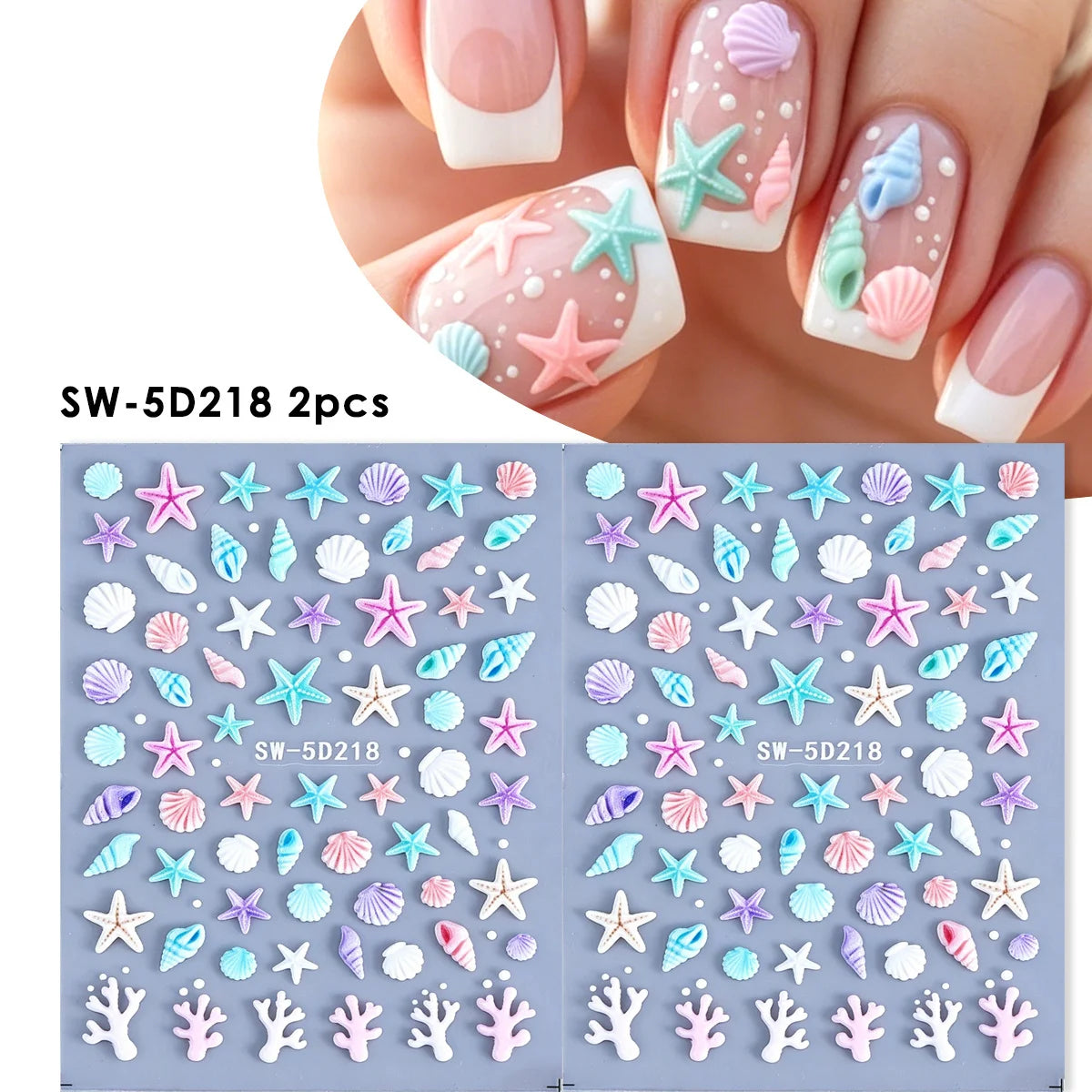 5D Ocean Embossed Nail Stickers – Starfish & Seashell Decals 2pk Nail Art Stickers PLUSH SW-5D218 2pcs