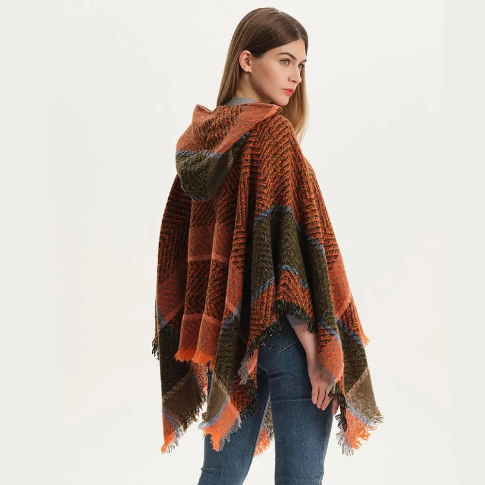Women's Tassel Hooded Cape Plaid Knit Shoulder Wrap Cloak Hooded Cape Wrap PLUSH