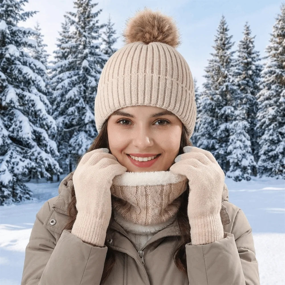 Women's Winter Knit Beanie Hat Scarf & Gloves Set | Pompom Winter Accessory Set PLUSH