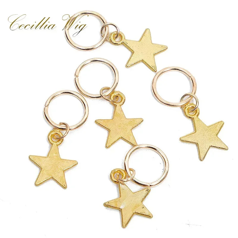 5pcs Dreadlock Beads Hair Braid Cuffs – Gold Leaf & Shell Rings Dreadlock Hair Cuffs PLUSH Gold star 5pcs