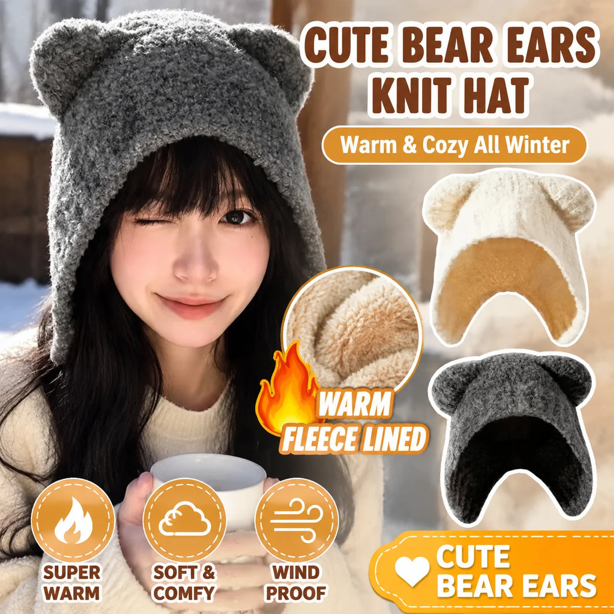 Women's Bear Ear Fleece Lined Knit Beanie – Korean Winter Hat Winter Knit Beanie PLUSH
