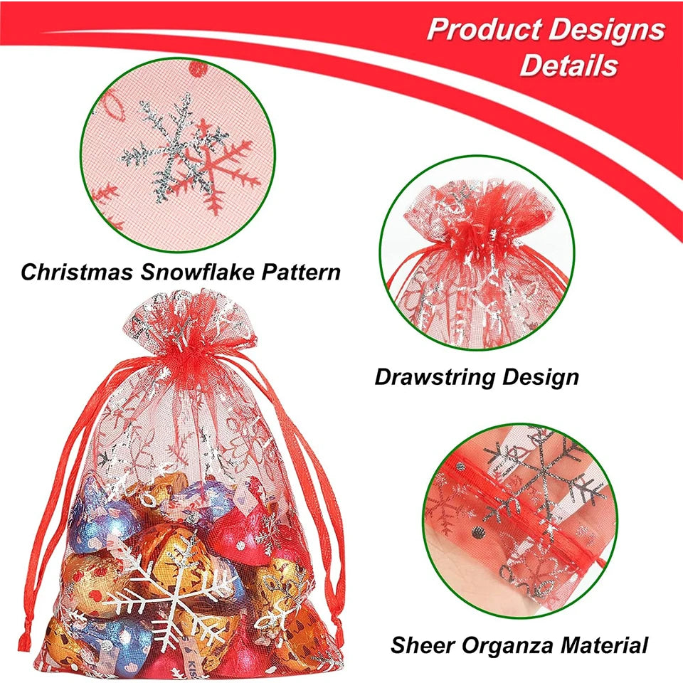 50/100pcs Organza Snowflake Drawstring Gift Bags 9x12cm Organza Gift Bags PLUSH