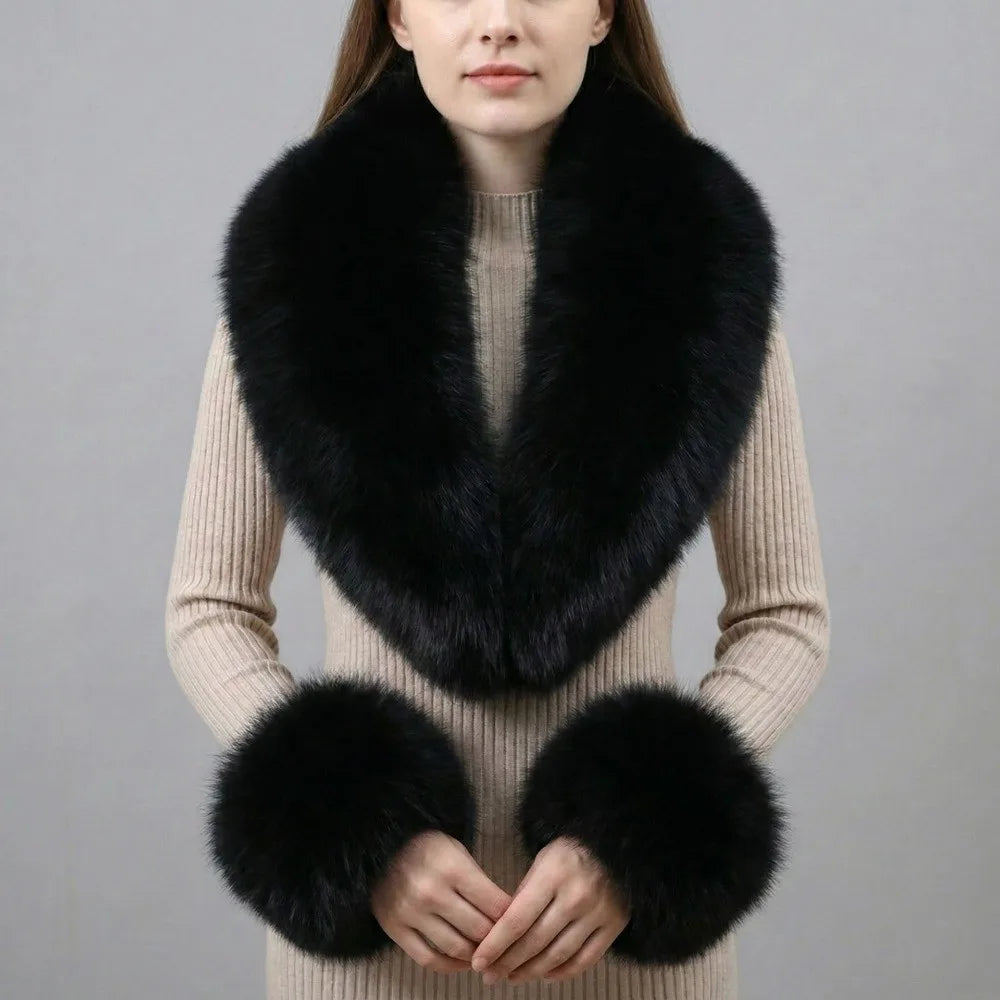 Faux Fur Scarf & Cuffs Set – Detachable Neck Warmer Women Faux Fur Scarf Set PLUSH Black