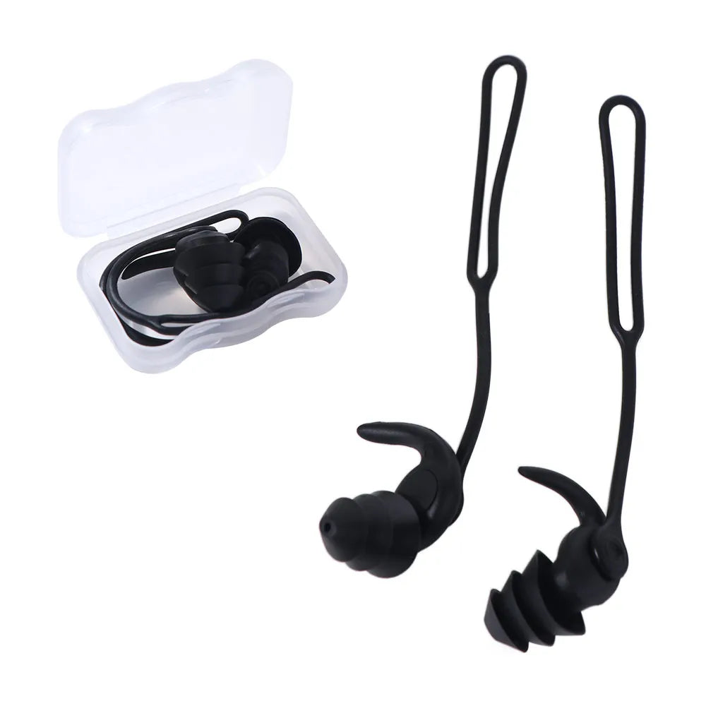 Waterproof Silicone Swimming Earplugs – 3-Layer Corded Pair Swimming Earplugs PLUSH Black