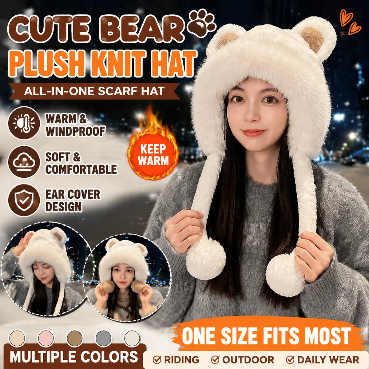 Bear Plush Knit Hat & Scarf Set – Windproof Winter Ear Cover Knit Hat Scarf Set PLUSH