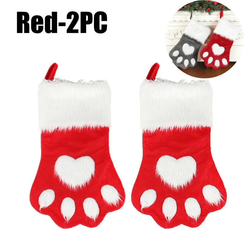 Dog Paw Christmas Stockings – Fuzzy Red Velvet Holiday Set Christmas Stocking Set PLUSH Red-2PC 44x22cm
