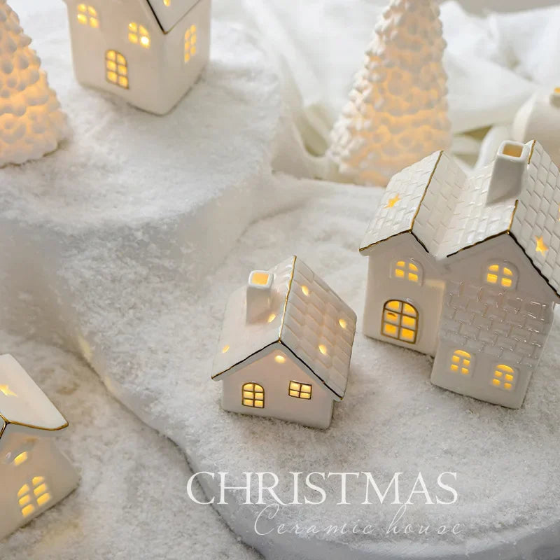 Light-Up Ceramic Christmas Village Buildings – Set of 3 Christmas Village Decor PLUSH