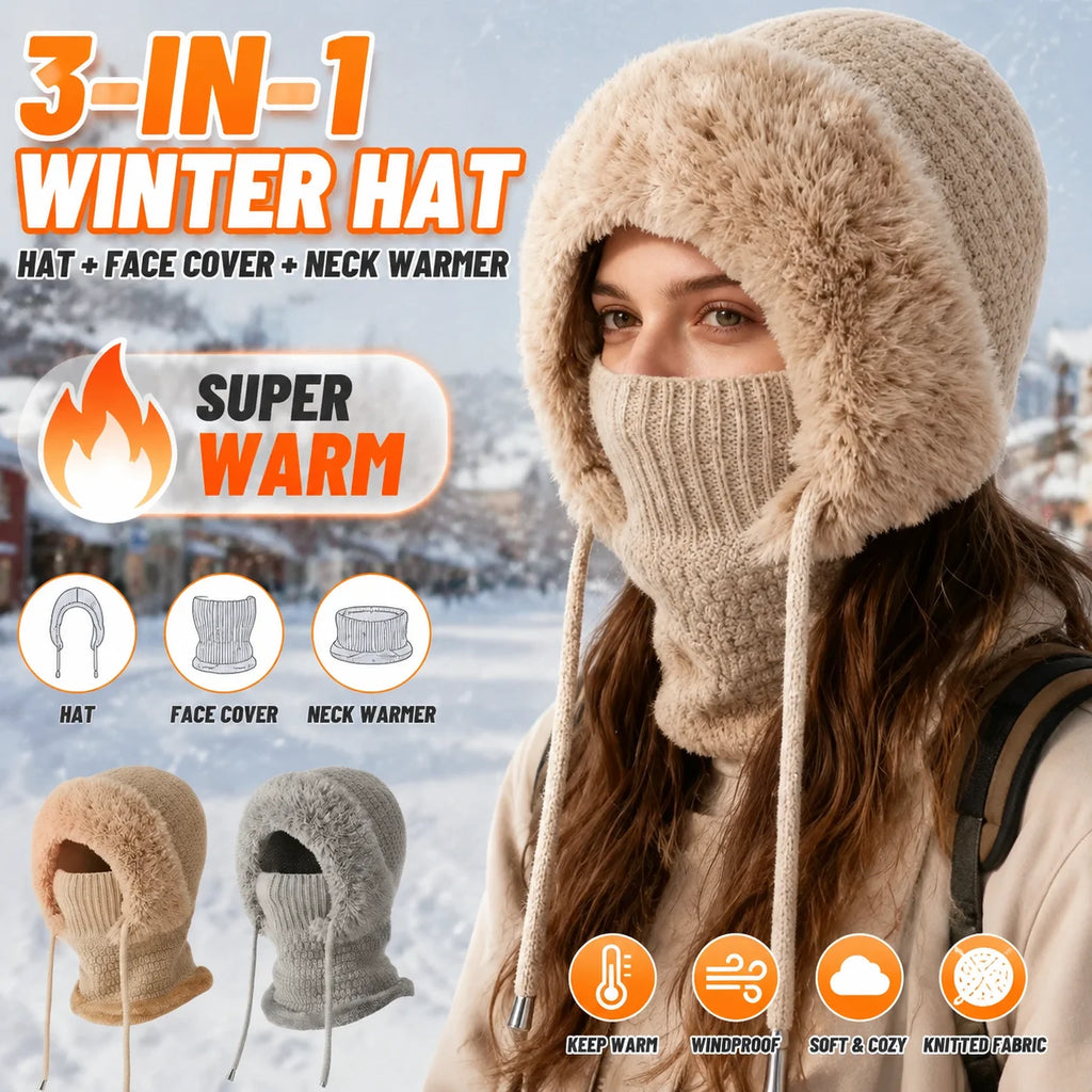 Women's Fleece Lined Knit Balaclava Hat & Neck Warmer Balaclava Hat PLUSH