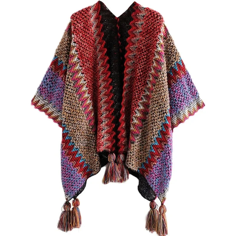 Women's Colorful Knit Poncho Cape Tassel Ethnic Shawl Cardigan Knit Poncho Cape PLUSH cardigan red One Size