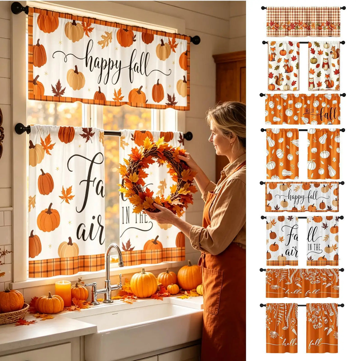 3-Piece Autumn Leaves Kitchen Curtain Set | Fall Window Decor Kitchen Curtain Set PLUSH