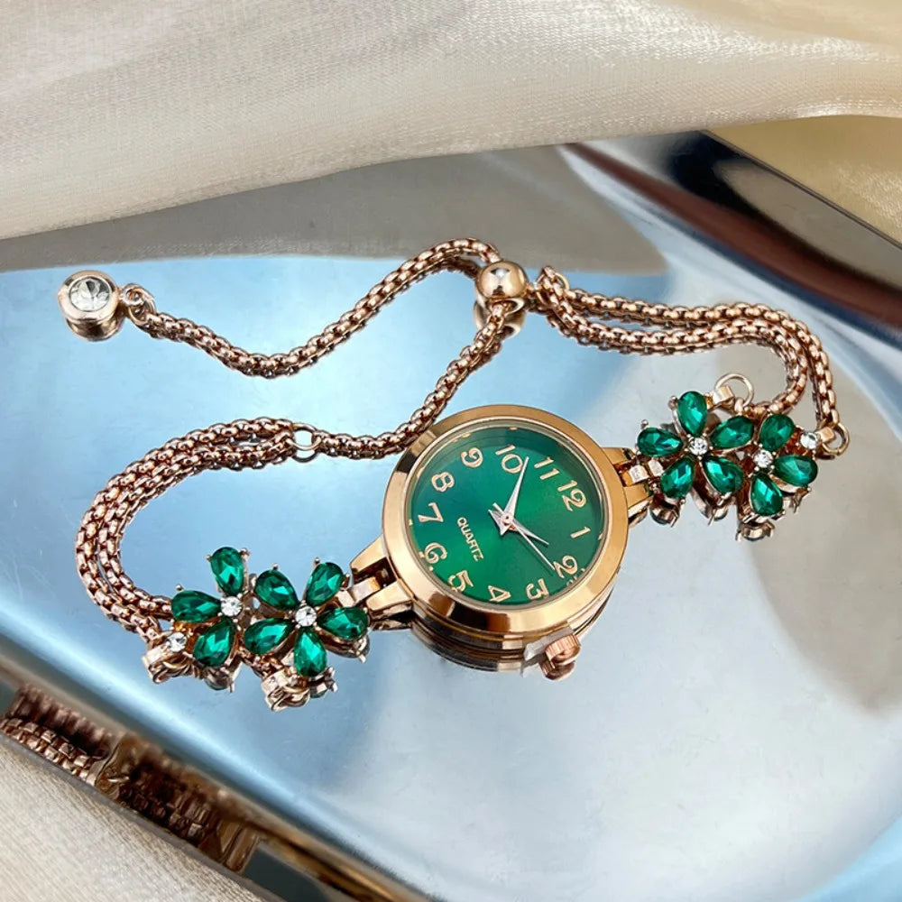 Women's Flower Quartz Bracelet Watch – Double Chain Oval Dial Women's Bracelet Watch PLUSH Green