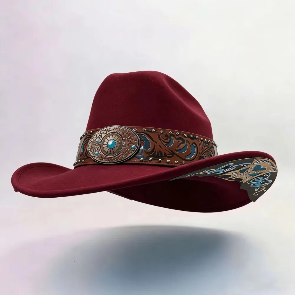 Western Cowboy Hat Turquoise Decor Wide Brim Cowgirl Fedora Western Cowgirl Hat PLUSH Dark Red