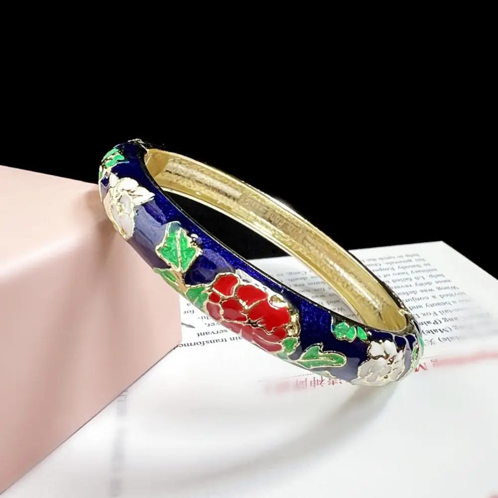 Chinese Cloisonné Enamel Peony Double Bangle Bracelet for Women Enamel Bangle Bracelet PLUSH navy blue