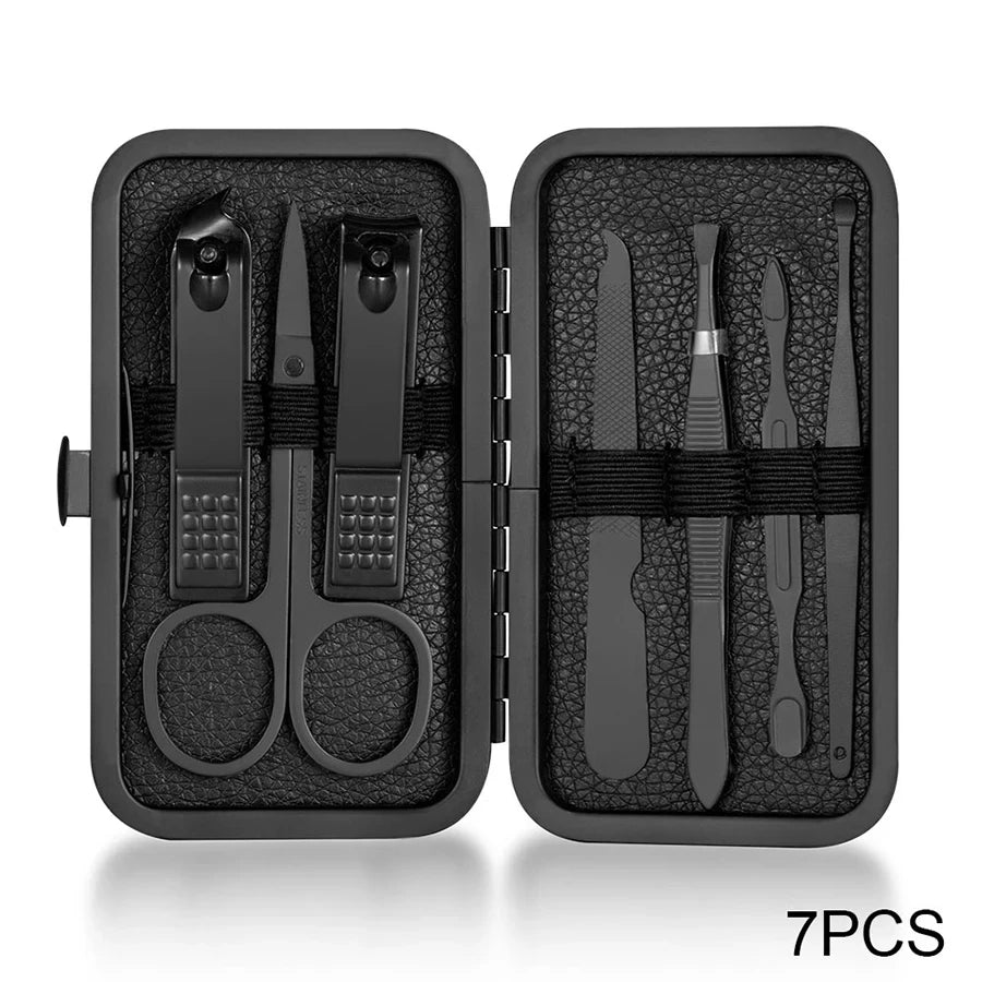 Stainless Steel Manicure & Pedicure Set 7–18 Pcs | Nail Kit Nail Grooming Kit PLUSH Black 7 PCS SET