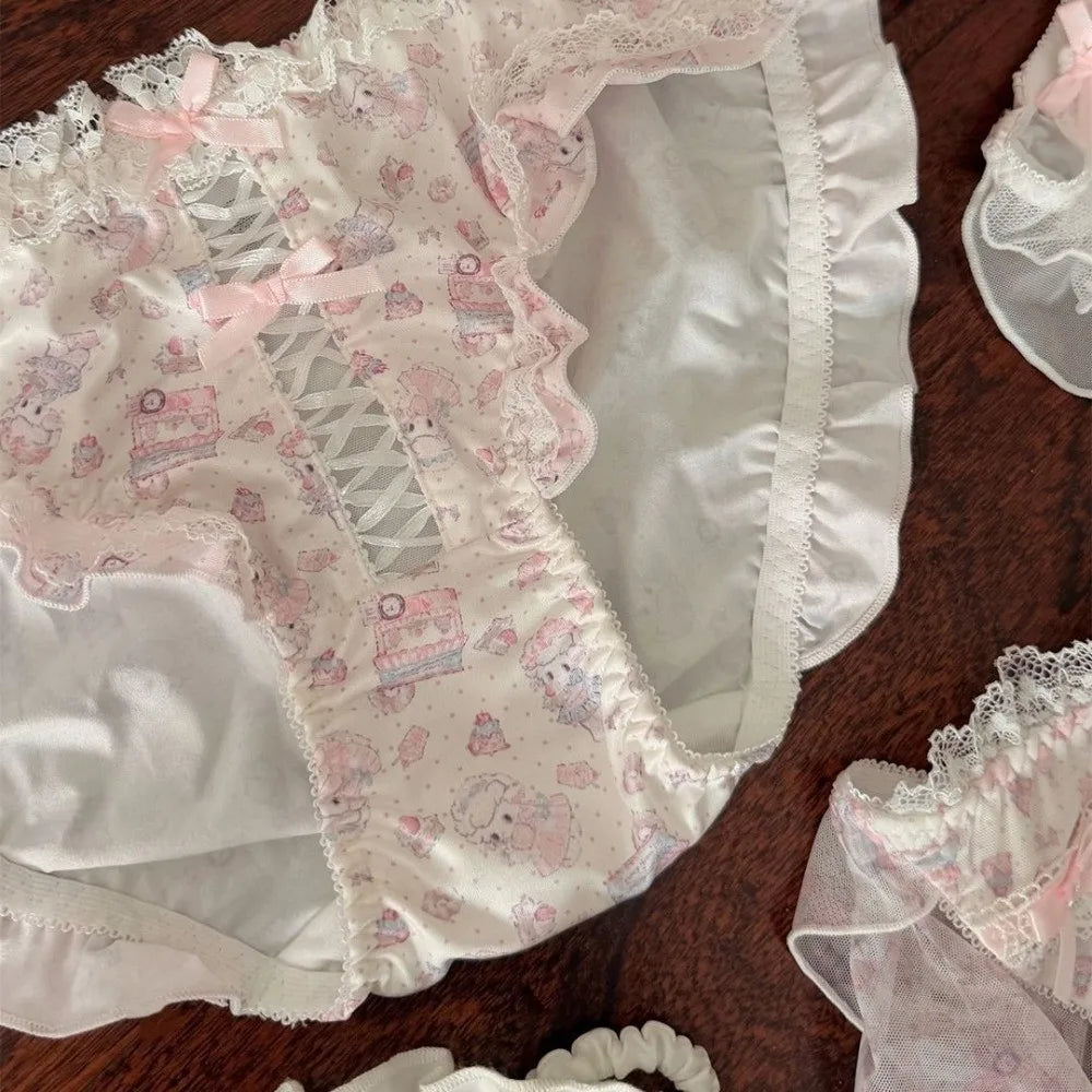 Kawaii Lace Bow Ruffle Briefs – Low Rise Cotton Crotch Women's Briefs PLUSH