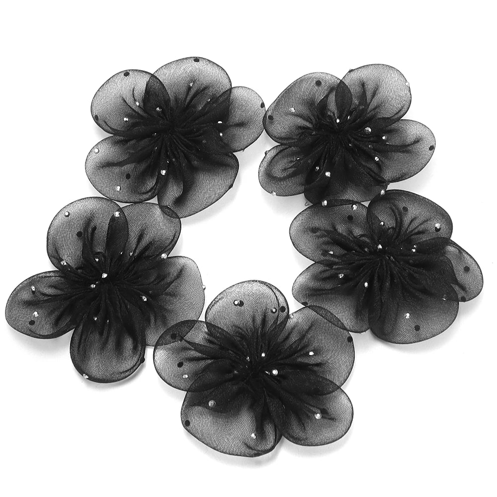 5pcs Organza Flower Appliques 5.5cm – DIY Crafts & Hair Decor Fabric Flower Appliques PLUSH black 5.5cm