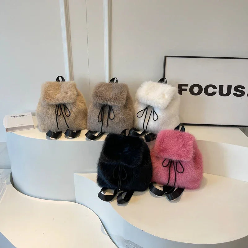 Women's Fox Fur Backpack – Magnetic Drawstring Flap Bag Set Women's Backpack PLUSH