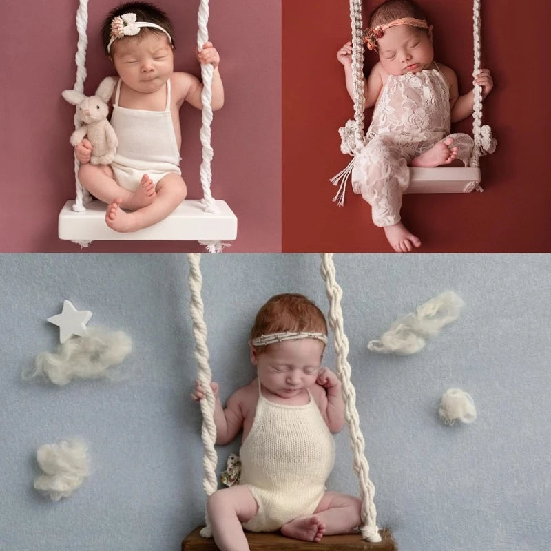 Newborn Wooden Swing Chair Photography Prop | 0–6M Baby Photography Prop PLUSH
