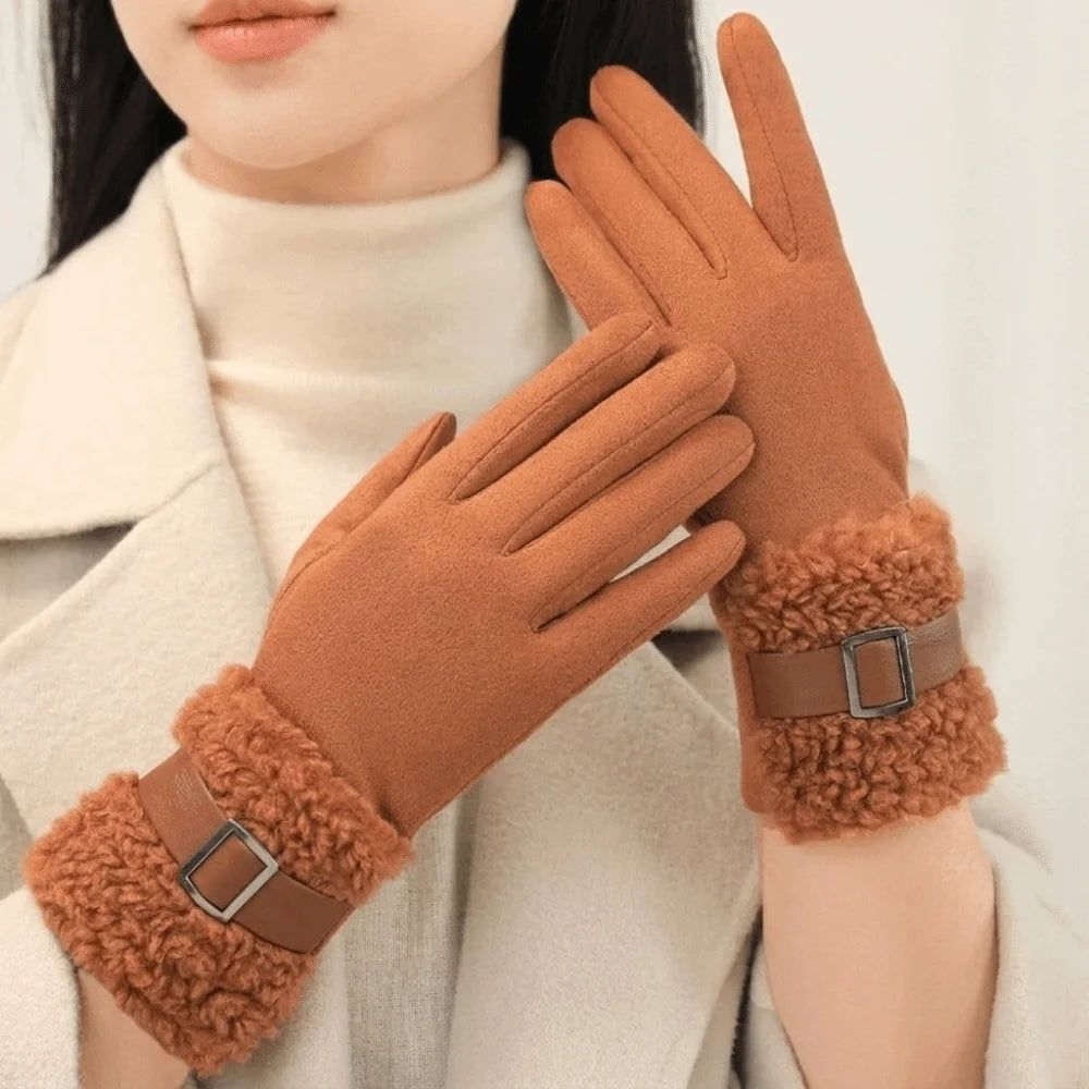 Women's Fleece-Lined Suede Winter Gloves – Windproof Full Finger Winter Gloves PLUSH