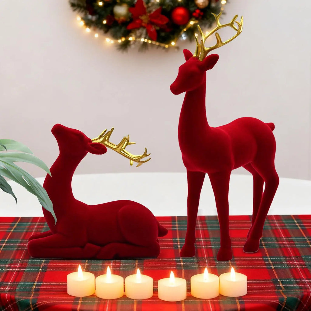 Christmas Reindeer Figurines 2Pcs Flocked Deer Tabletop Decor Christmas Figurines PLUSH