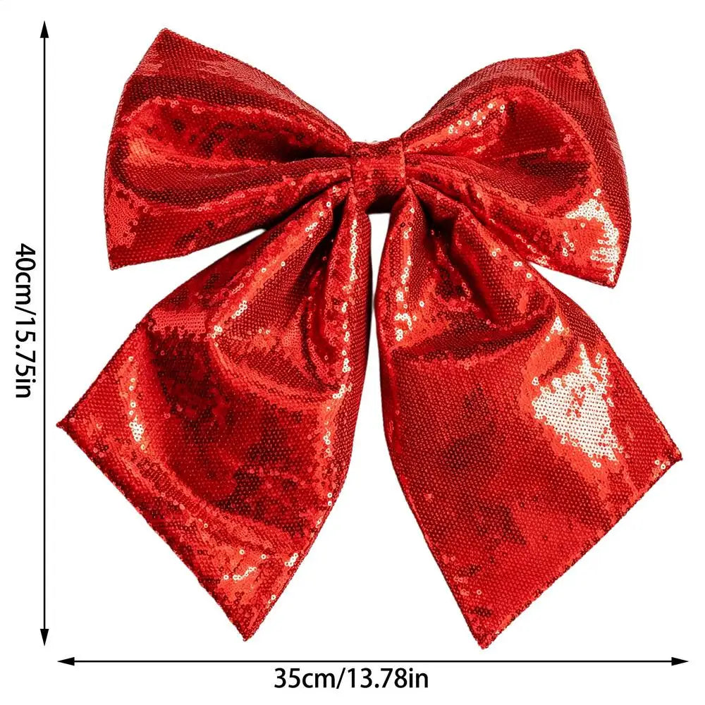 Large Glitter Sequin Christmas Tree Topper Bow – Red & Silver Christmas Tree Bow PLUSH Red 1PC