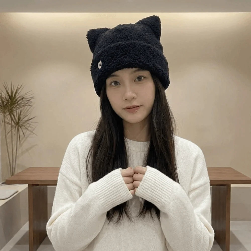 Fluffy Cat Ear Beanie Hat – Soft Plush Knit Winter Cap Plush Beanie Hat PLUSH