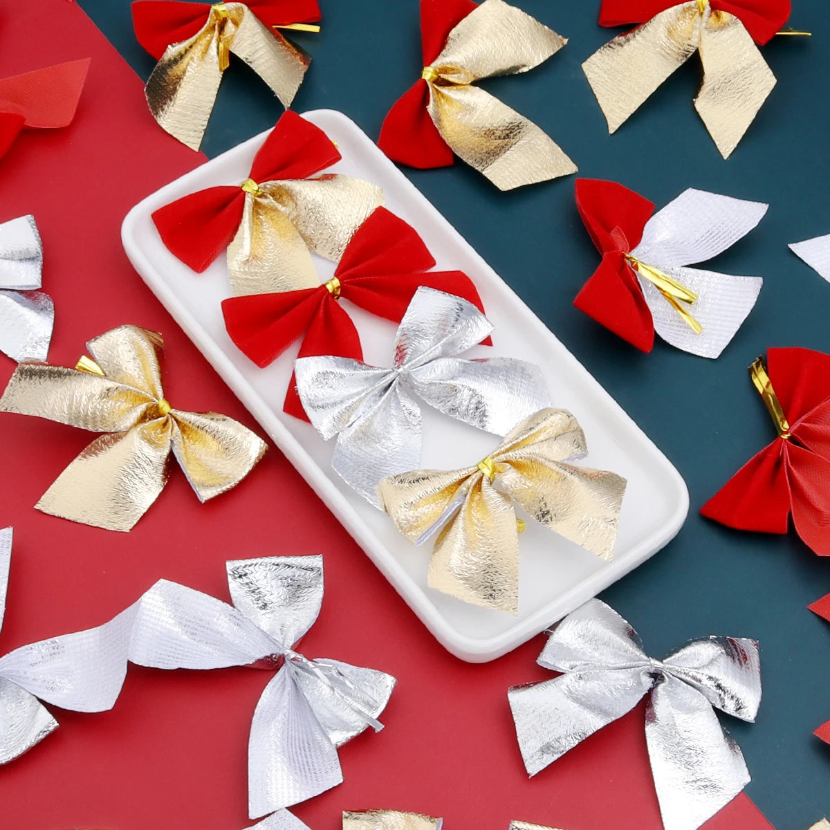 30pcs Handmade Fabric Ribbon Bows Gold Red DIY Gift Decor Decorative Ribbon Bows PLUSH