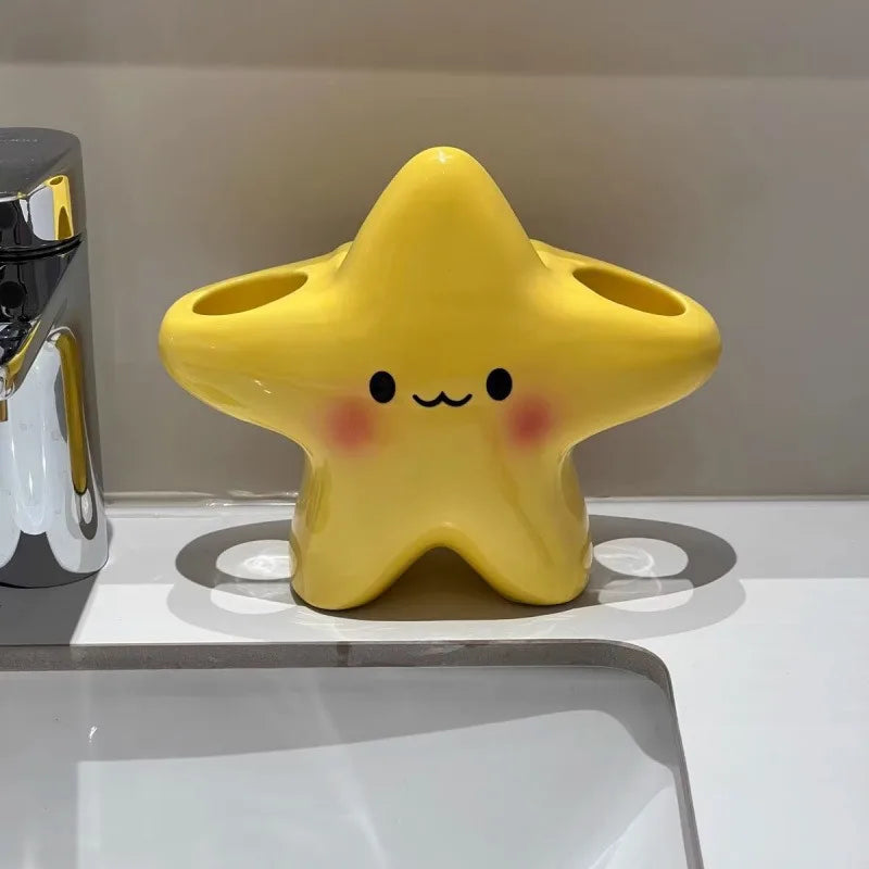Yellow Star Ceramic Toothbrush & Toothpaste Holder Organizer Toothbrush Holder PLUSH