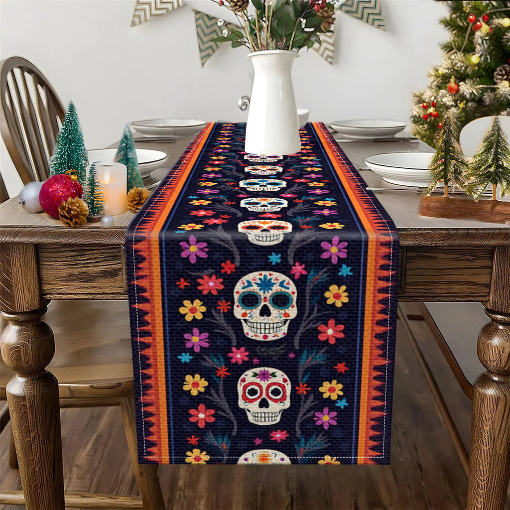 Day of the Dead Table Runner – Skull & Floral Pattern Table Runner PLUSH
