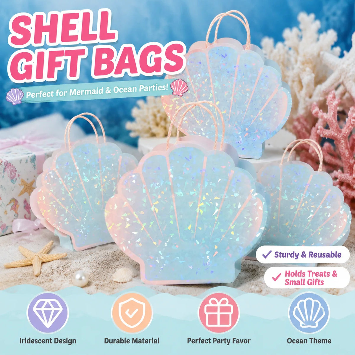 Mermaid Seashell Party Favor Bags | Ocean Theme Goodie Bags Party Favor Bags PLUSH