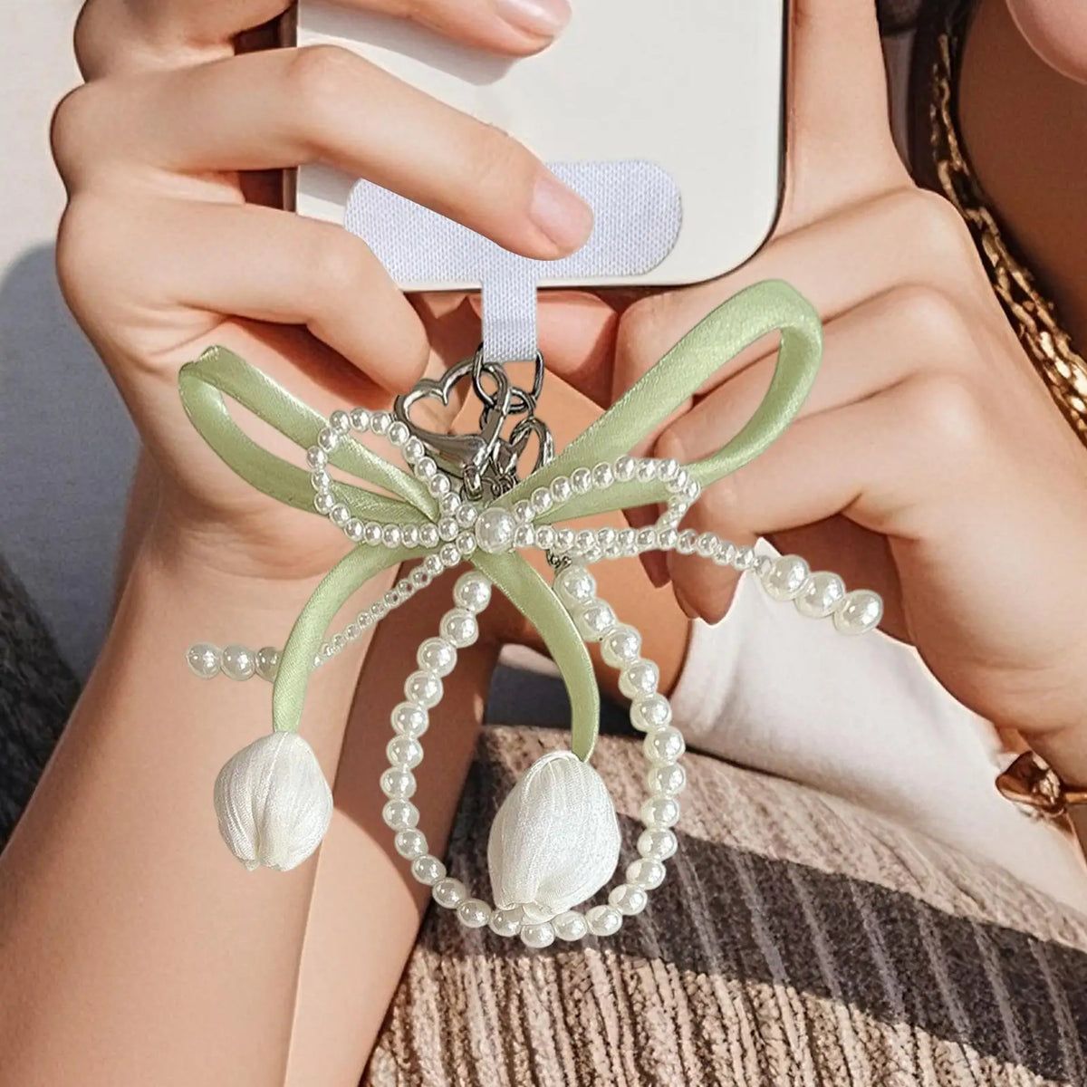 Tulip Beaded Phone Charm Bowknot Pearl Wrist Strap Keychain Phone Charm Keychain PLUSH