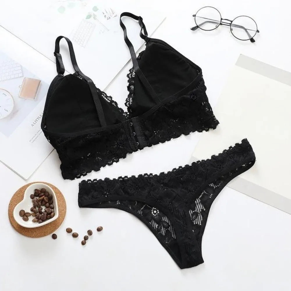 V-Neck Lace Floral Padded Bra & Thong Set – Women's Lingerie Lace Lingerie Set PLUSH