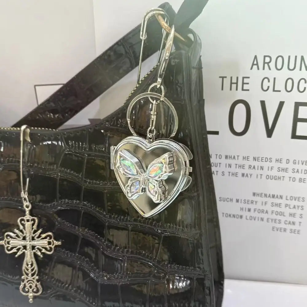 Y2K Bow Heart Mirror Keychain – Double Sided Compact Pendant Mirror Keychain PLUSH