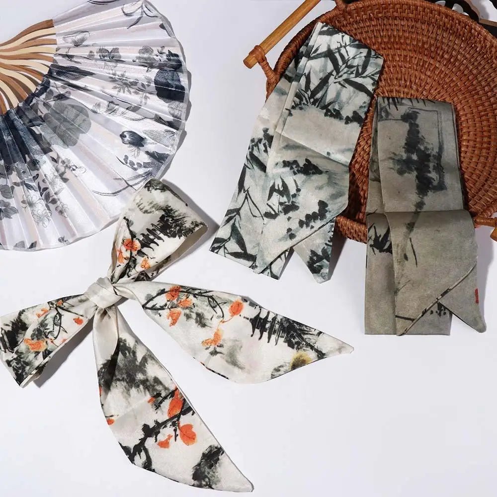 Elegant Ink Painting Ribbon Scarf – Minimalist Silk Headband Ribbon Scarf PLUSH