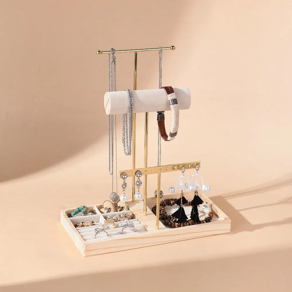 Wood & Metal T-Shape Jewelry Stand – Necklace & Earring Rack Jewelry Display Stand PLUSH Gold