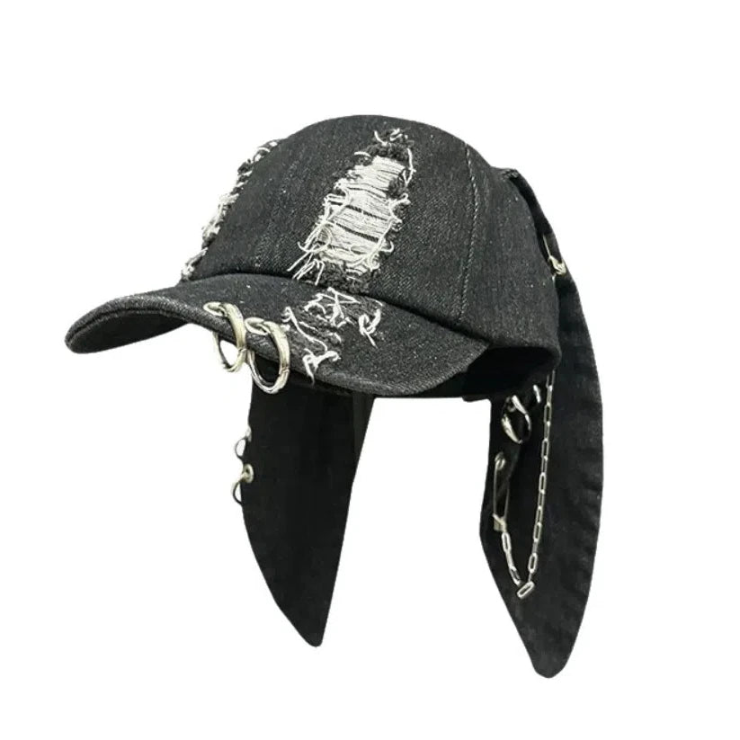 Y2K Bunny Ears Ripped Denim Snapback Cap – Punk Retro Hat Snapback Cap PLUSH Bunny Ears