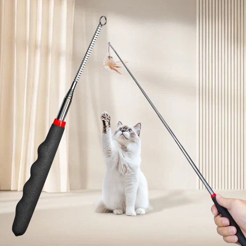 Retractable Feather Wand Cat Toy – Interactive Teaser Stick Interactive Cat Toy PLUSH