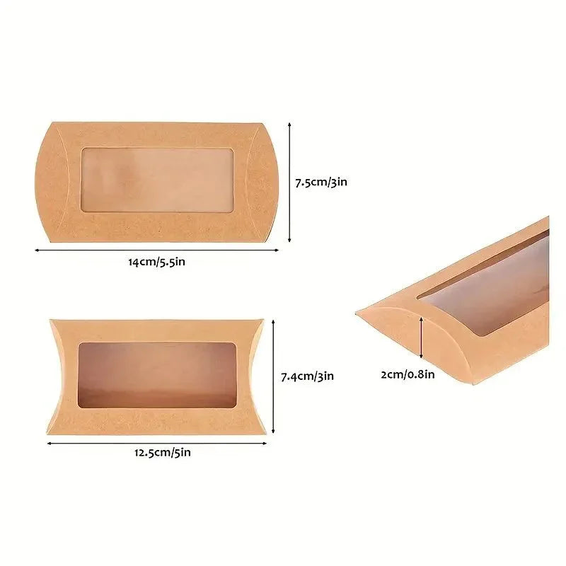 50pcs Paper Pillow Gift Boxes with Clear PVC Window | Candy & Jewelry Gift Packaging Boxes PLUSH