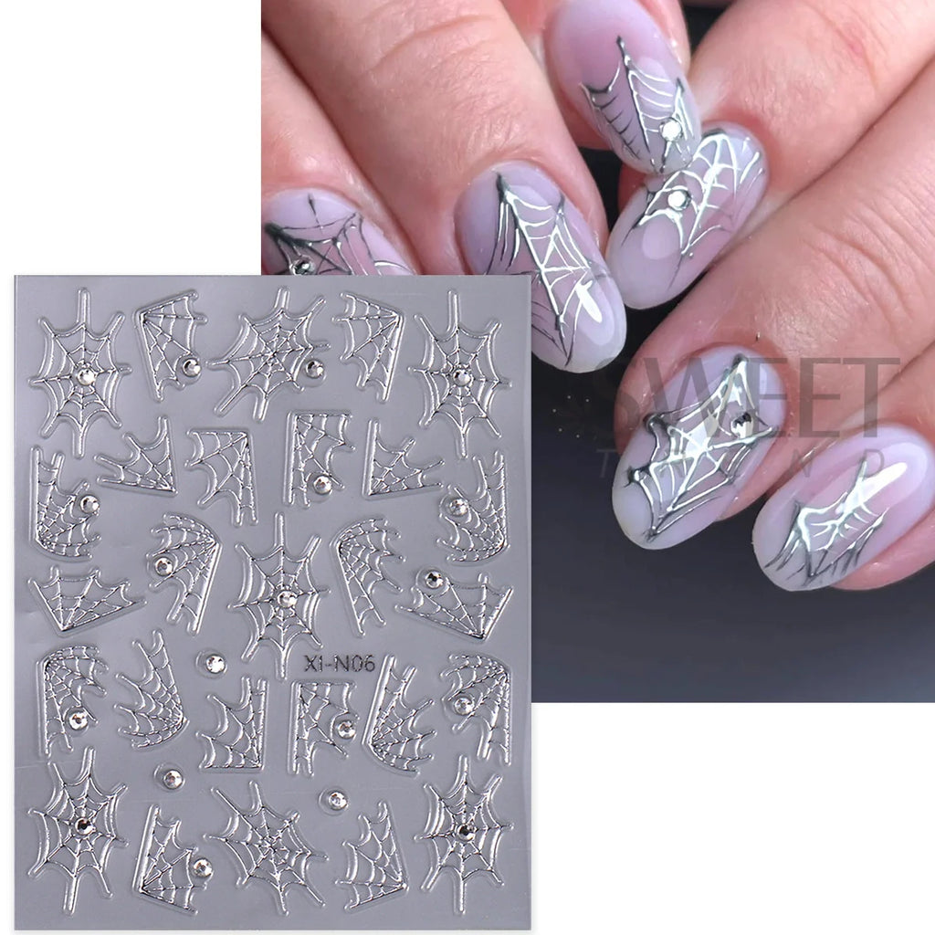 Spider Web Nail Stickers with Rhinestones – Gothic Halloween Decals Nail Art Stickers PLUSH