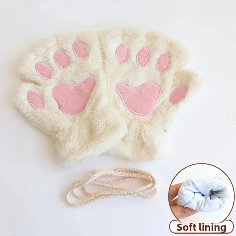 Fluffy Cat Paw Fingerless Gloves – Plush Animal Mittens Fingerless Plush Gloves PLUSH White 10Pairs