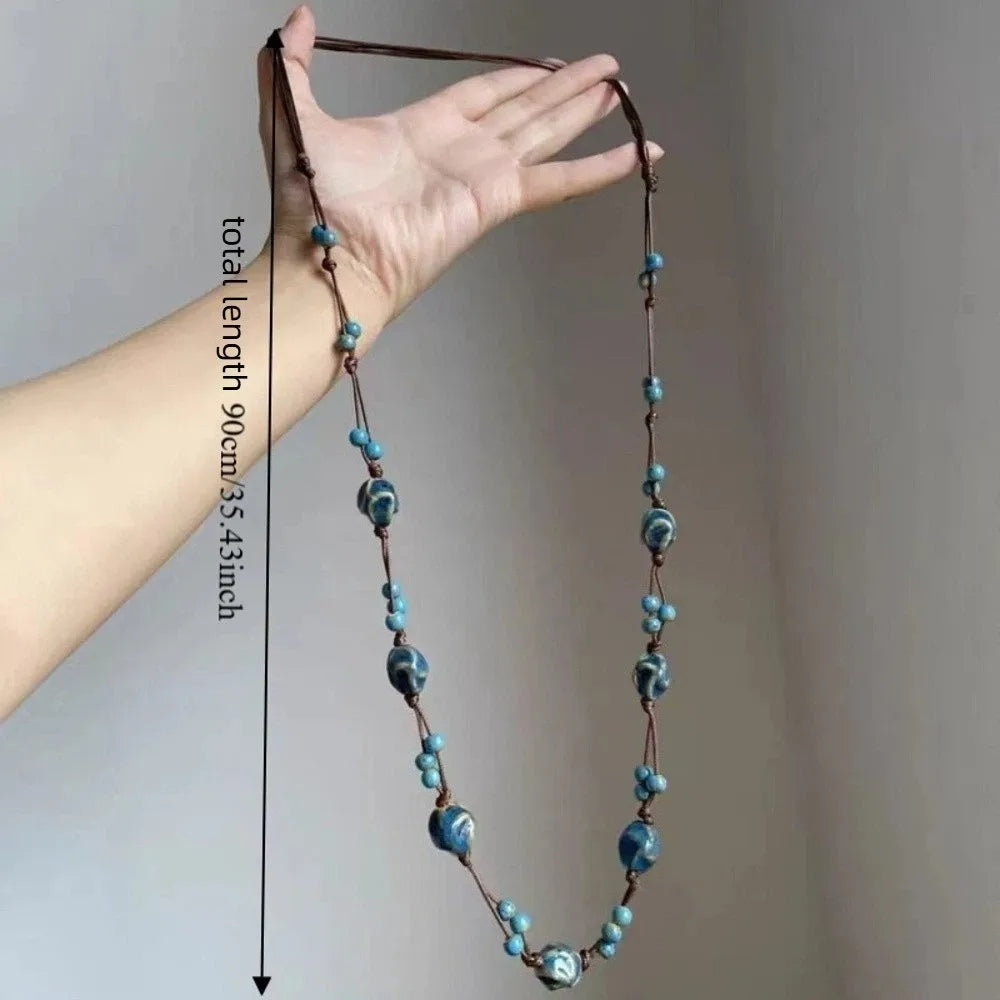 Bohemian Ceramic Beaded Long Necklace | Ethnic Vintage Style Beaded Long Necklace PLUSH
