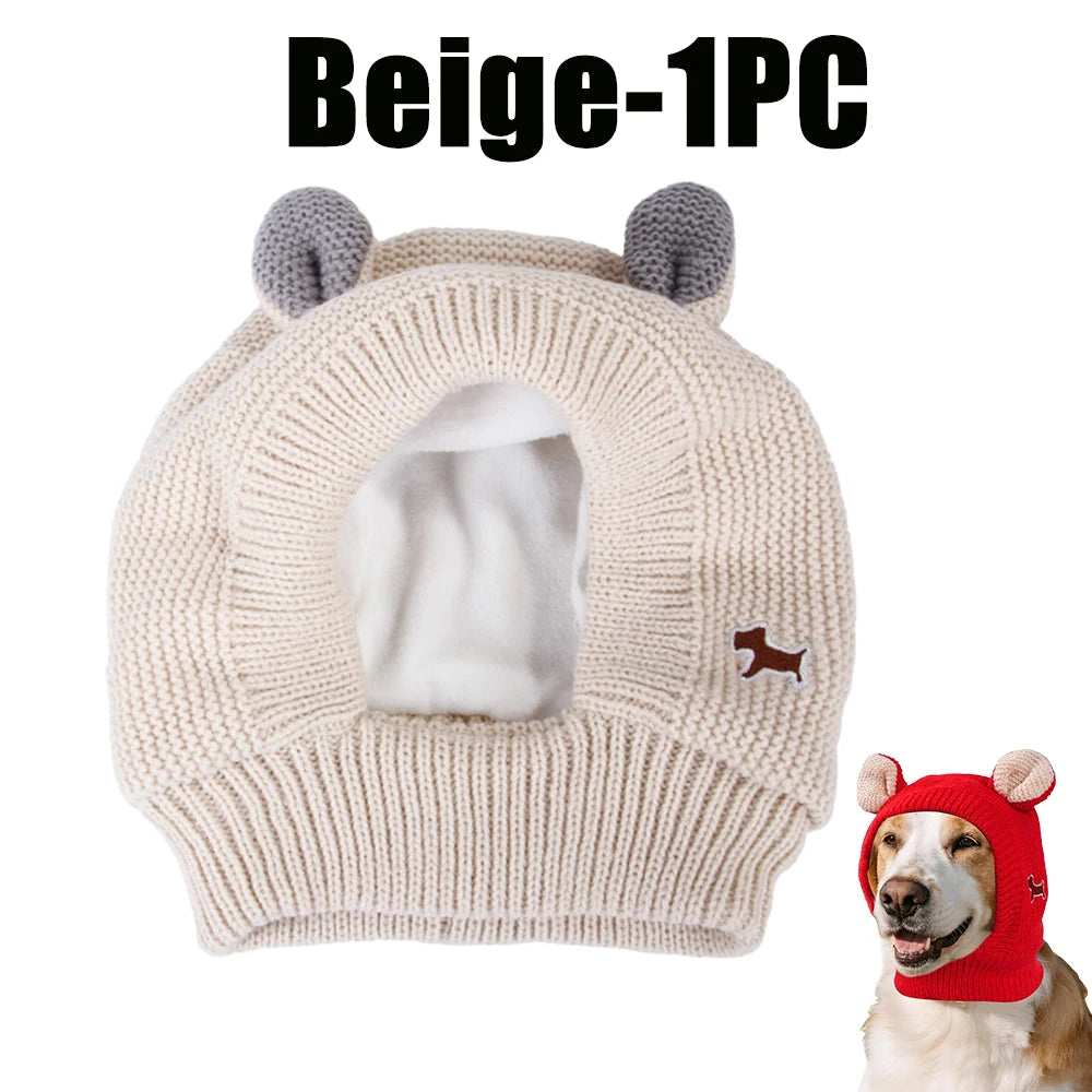 Winter Knitted Ear Muffs & Neck Warmer Hat for Dogs & Cats Pet Winter Hat PLUSH Beige-1PC