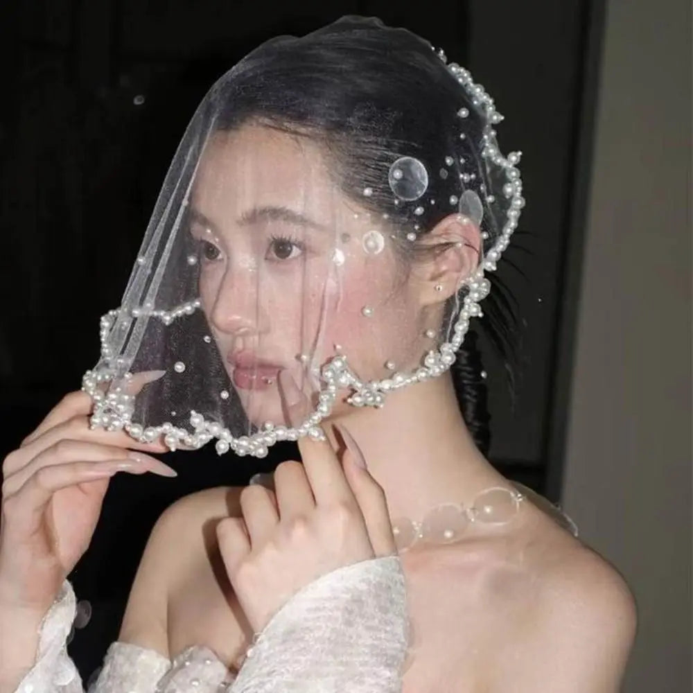 Vintage Pearl Bead Short Bridal Veil – White Tulle Wedding Headpiece Bridal Veil PLUSH