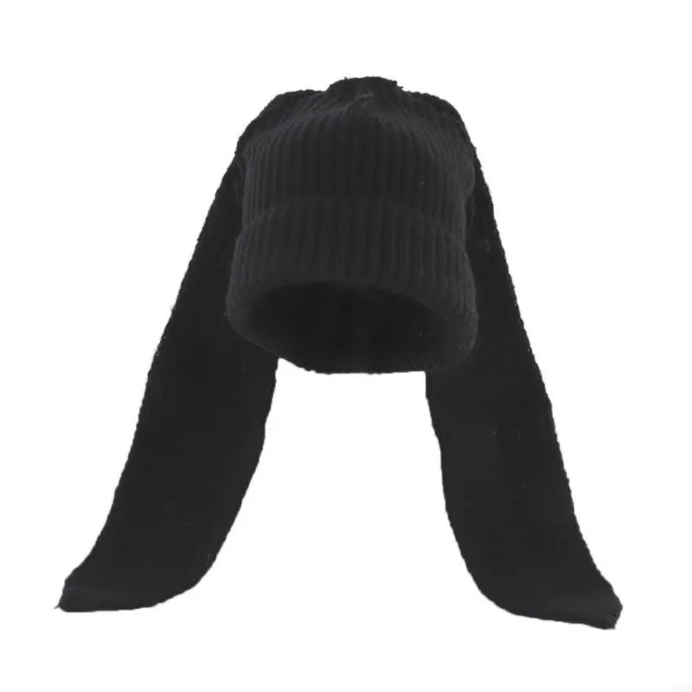 Rabbit Long Ear Knitted Beanie – Cute Bunny Winter Hat Knitted Beanie Hat PLUSH Black