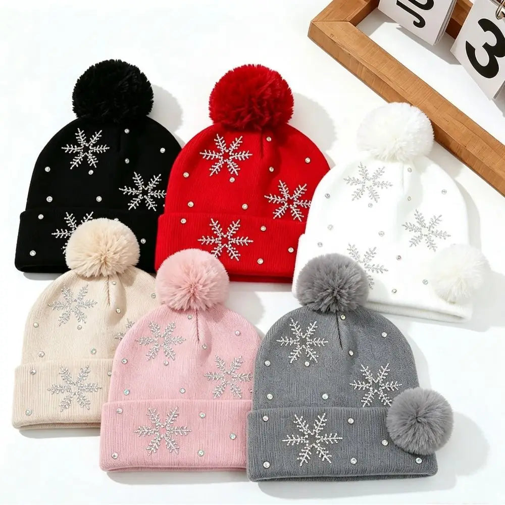 Women's Rhinestone Snowflake Knit Beanie – Warm Winter Hat Winter Knit Beanie PLUSH