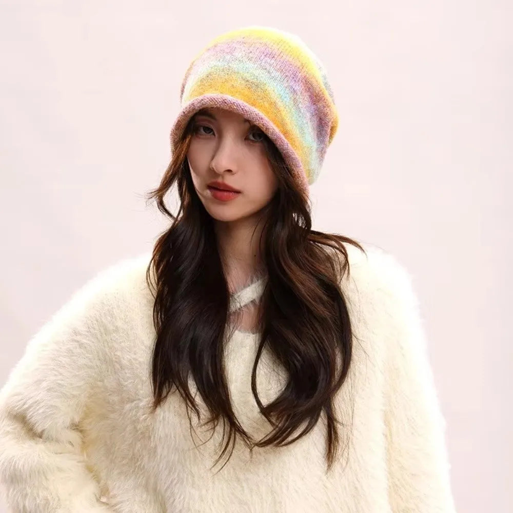 Gradient Knit Beanie Hat – Rolled Brim Drawstring Streetwear Cap Knit Beanie Hat PLUSH