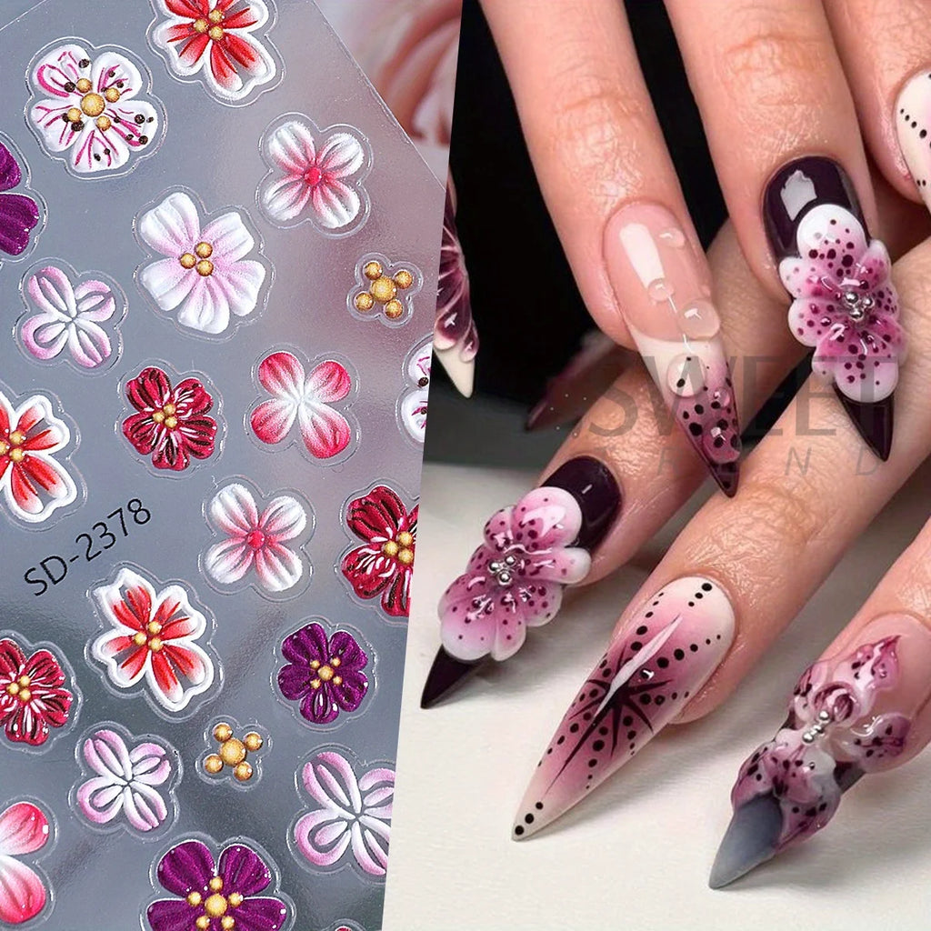 3D Hibiscus Floral Matte Nail Stickers Gradient Purple Pink – 2pcs Nail Art Stickers PLUSH