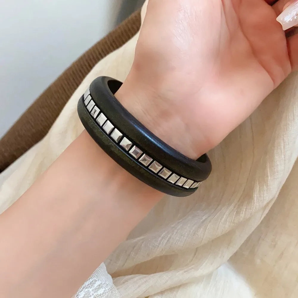 Chinese Style Wooden Bangle – Punk Y2K Wide Rivet Bracelet Wooden Bangle Bracelet PLUSH
